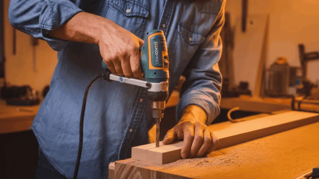 a man in a blue denim shirt using a basic pocket hole jig to drill into the end of a flat mdf rail piece on a workbench