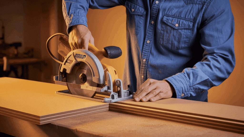 a man in a blue denim shirt using a rip guide on a circular saw to cut uniform two inch wide mdf strips on a workbench