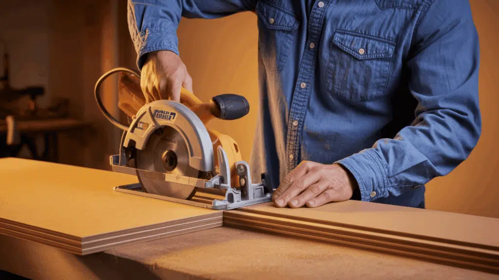 a man in a blue denim shirt using a rip guide on a circular saw to cut uniform two inch wide mdf strips on a workbench