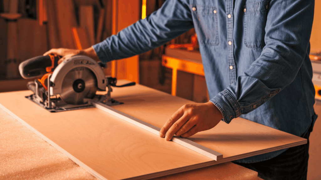 a man in a blue denim shirt using a thin mdf strip as a straight edge fence on a large mdf sheet before cutting with a circular saw