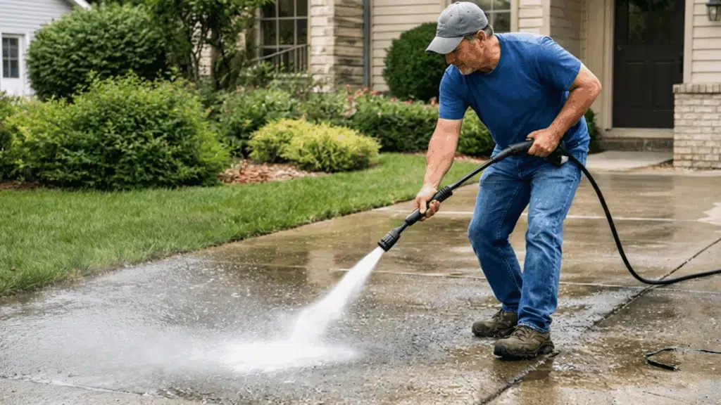 a man in a blue shirt and grey cap power washing a concrete driveway