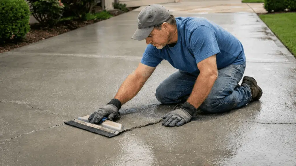 a man in a blue shirt uses a hand tool to patch a driveway crack.