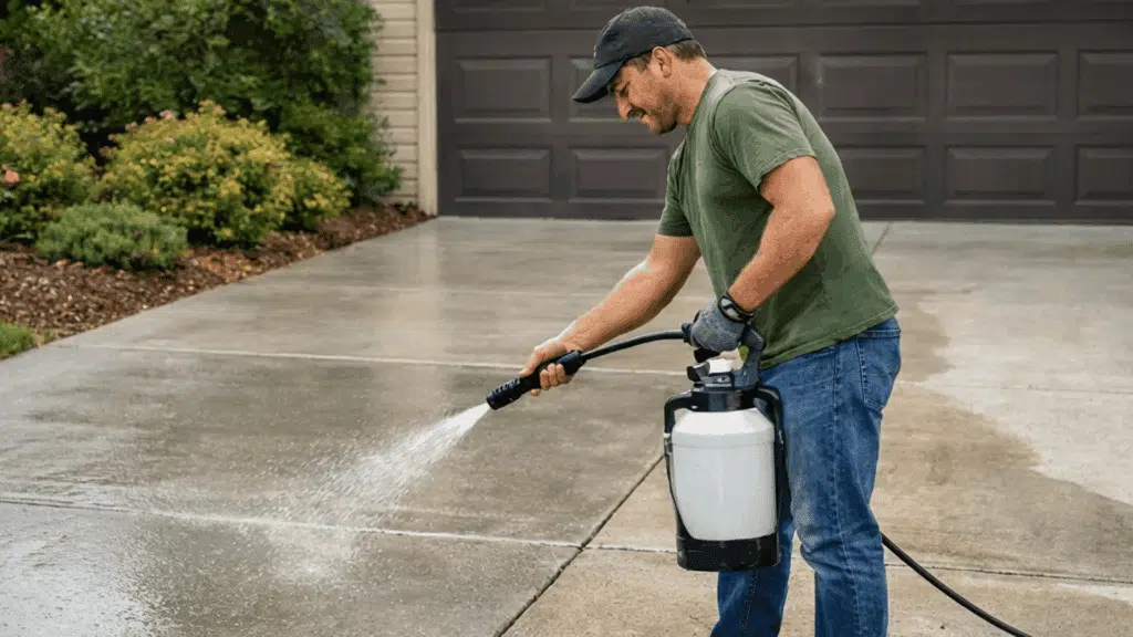 a man in a green shirt uses a sprayer to coat a concrete driveway.