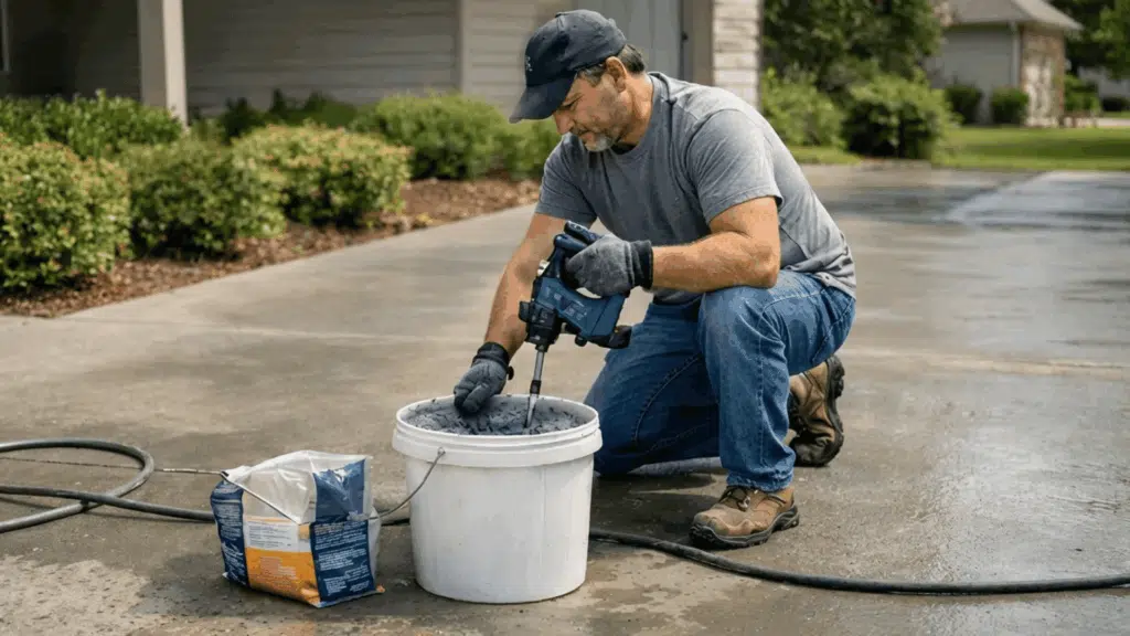 a man in a grey shirt and black cap mixes concrete in a white bucket