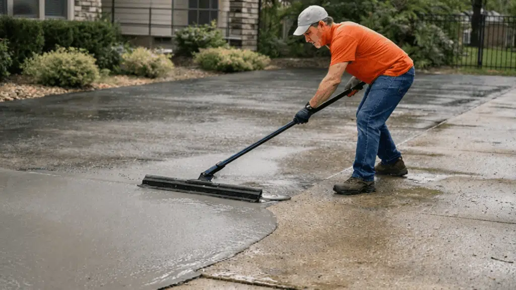 a man in an orange shirt uses a squeegee to seal a driveway
