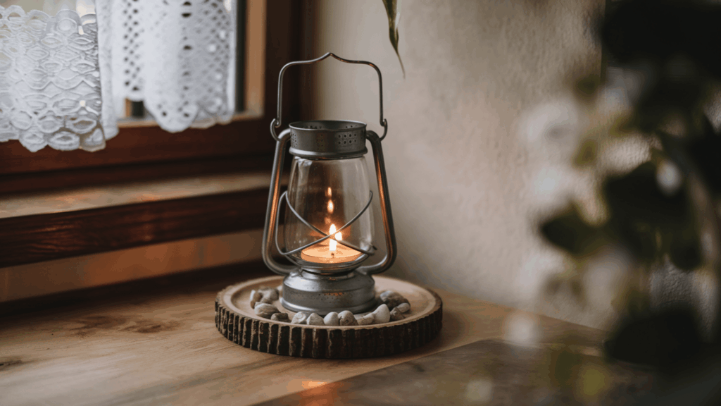 a metal lantern candle holder on a wooden tray with natural stone accents creating a warm cozy glow on a kitchen table