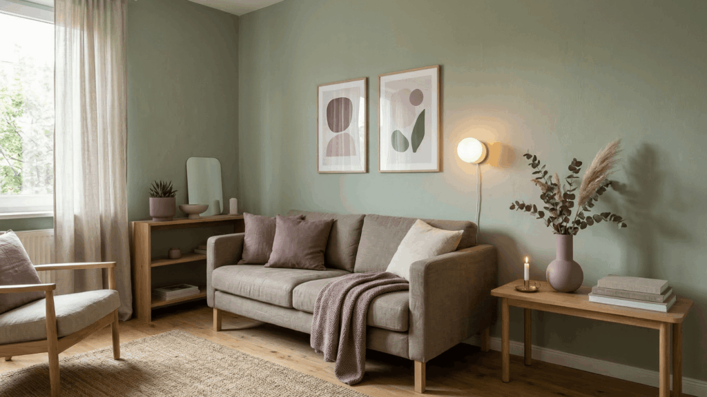 a minimal room with mauve decor pieces and muted green walls, soft lighting