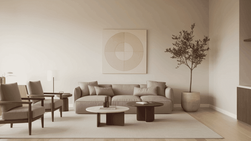 a minimally decorated contemporary interior with clear surfaces, one piece of wall art, and a single plant adding subtle character