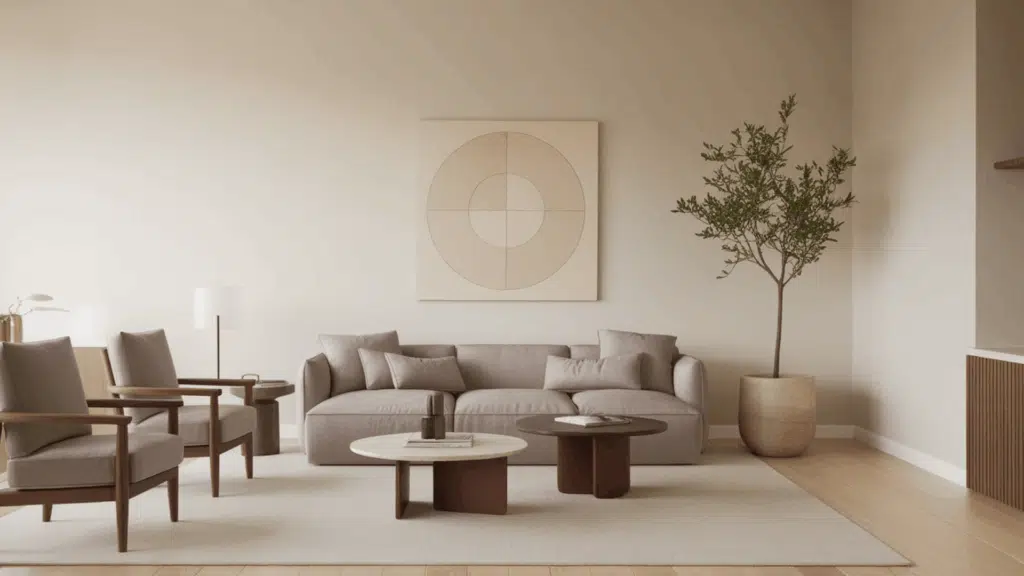 a minimally decorated contemporary interior with clear surfaces, one piece of wall art, and a single plant adding subtle character