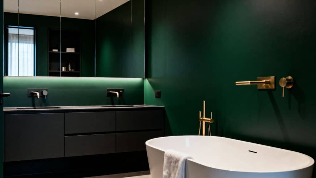 a modern bathroom with deep dark green walls, black cabinetry, a white freestanding tub, and brushed brass fixtures, creating a bold, refined, and contemporary look