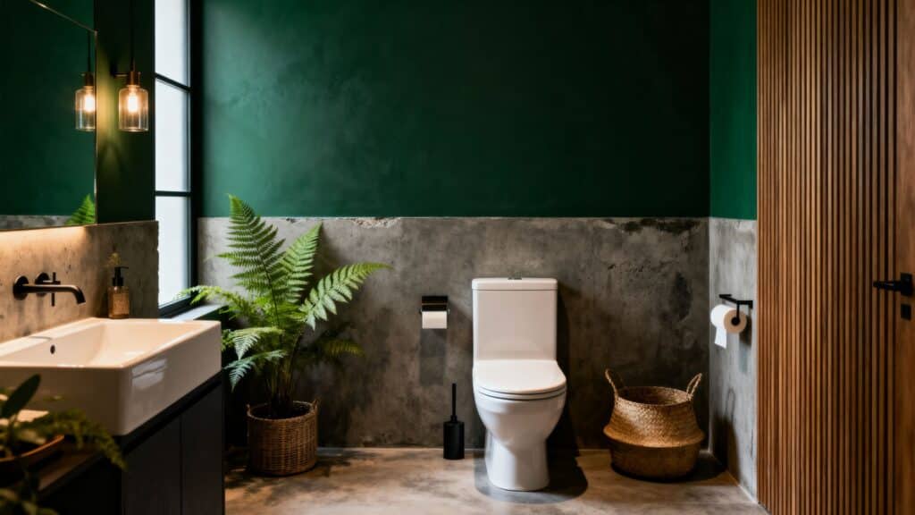 a modern bathroom with deep fern green walls, concrete textures, warm ambient lighting, and natural accents, creating a bold yet calming and grounded atmosphere