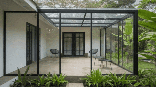 a modern covered patio with glass walls and a sleek design, surrounded by plants and greenery.