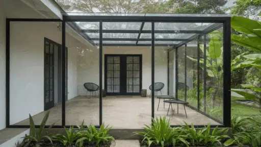 a modern covered patio with glass walls and a sleek design, surrounded by plants and greenery.