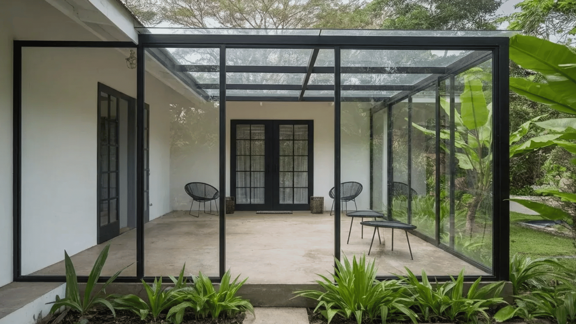 a modern covered patio with glass walls and a sleek design, surrounded by plants and greenery.