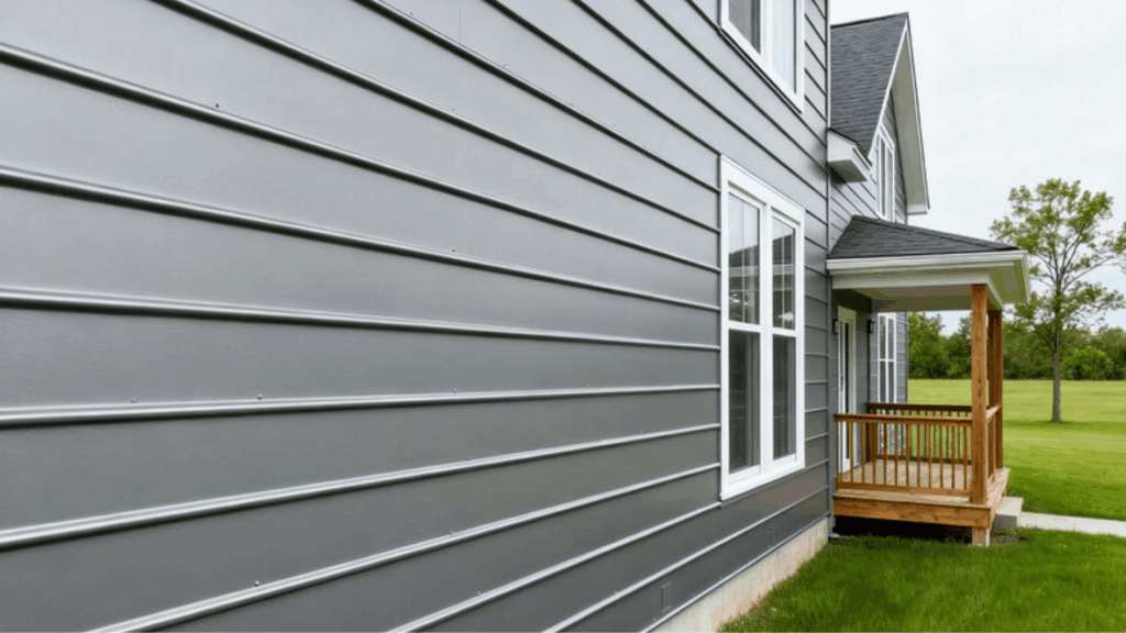 a modern home with sleek metal siding in a gray color, featuring clean lines and large windows, accompanied by a small wooden porch and a well-kept lawn