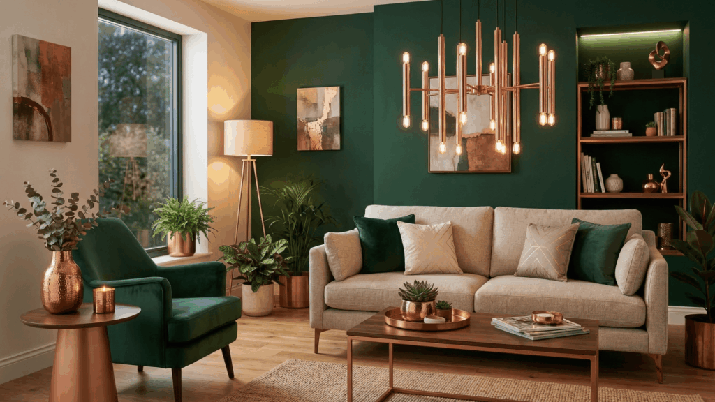 a modern interior with copper decor accents and green background, soft glow