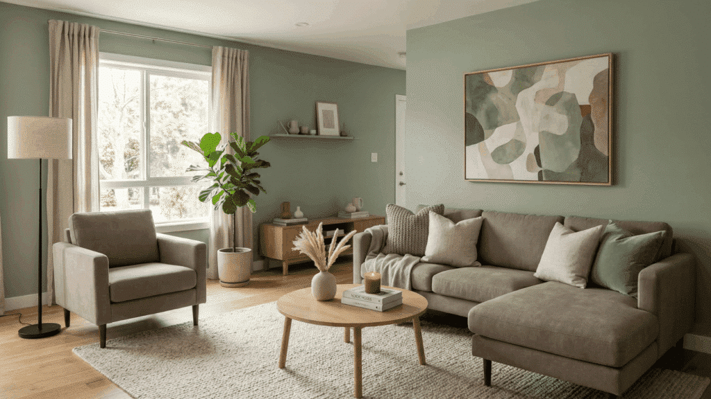 a modern interior with taupe furniture and muted green walls, simple decor