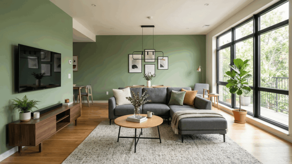 a modern living room with gray sofa and green walls, sleek and simple layout