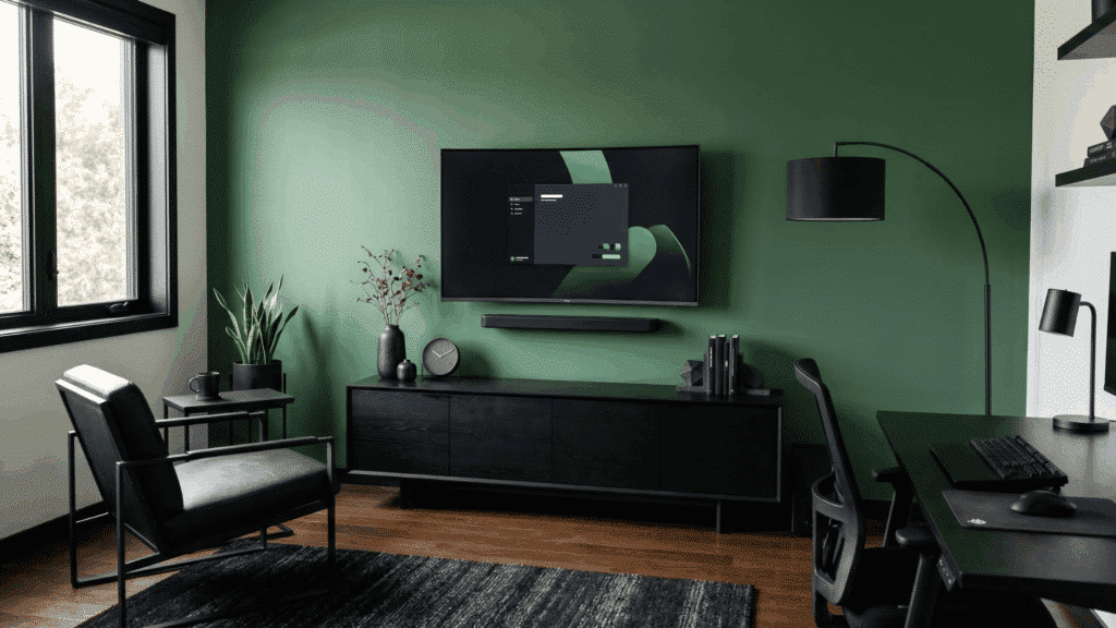 a modern setup with black decor elements and green background, clean lines