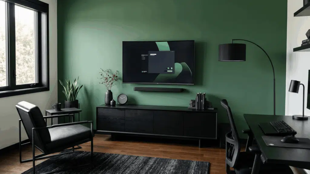 a modern setup with black decor elements and green background, clean lines