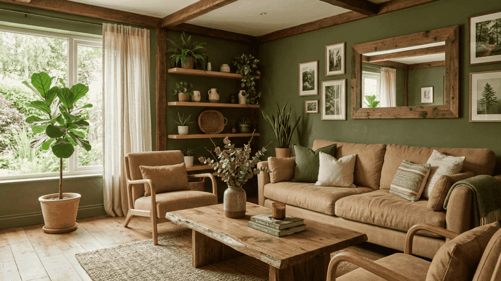 a natural-themed space with tan furniture and olive green walls, wood textures