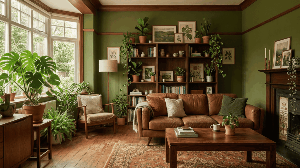 a nature-inspired room with brown furniture and green plants, warm tones
