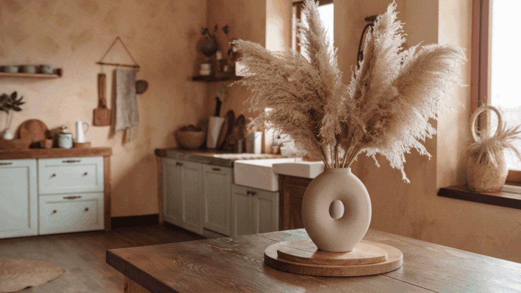 a neutral ceramic vase filled with soft pampas grass displayed on a kitchen table with warm boho-inspired natural tones