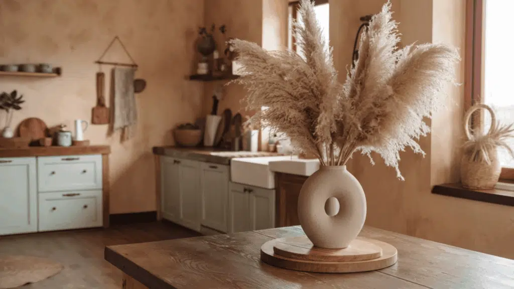 a neutral ceramic vase filled with soft pampas grass displayed on a kitchen table with warm boho-inspired natural tones