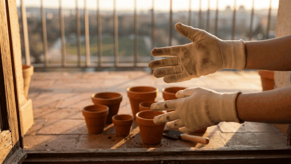 a pair of gloved hands gesturing over a sunny balcony space with empty pots placed on the floor to check available gardening space