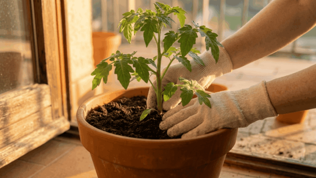 a pair of gloved hands supporting a healthy well grown tomato plant with full leaves and a strong stem in a terracotta pot on a sunny terrace