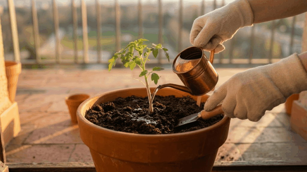 a pair of gloved hands tilting a small watering can to pour water at the base of young green plants in a terracotta pot in early morning light
