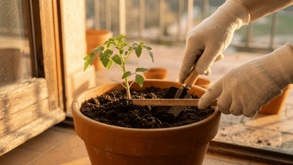a pair of gloved hands using a hand trowel to dig a small hole at the correct spacing distance from another plant in a terracotta pot