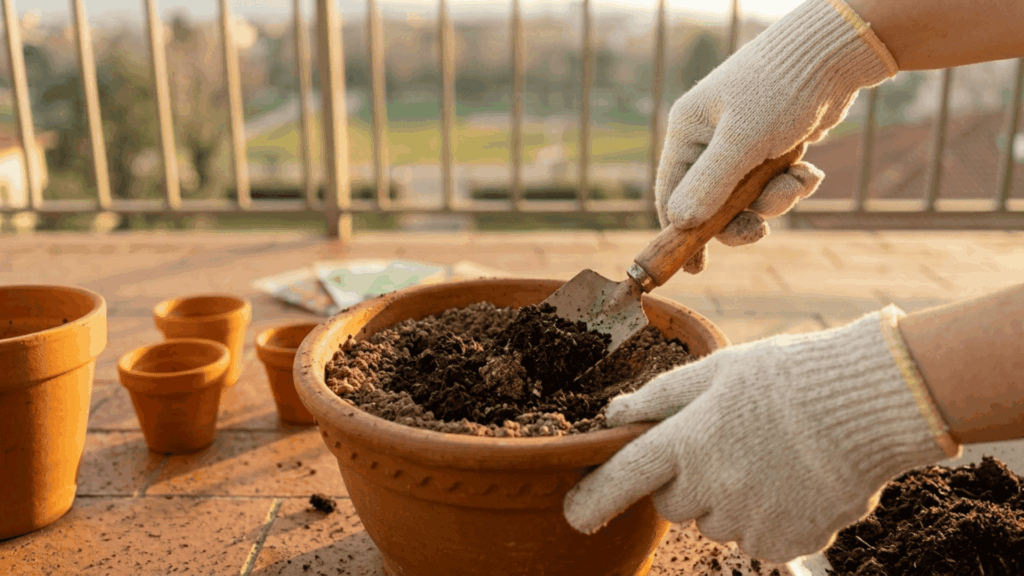 a pair of gloved hands using a hand trowel to mix dark compost into light brown soil inside a terracotta pot on a sunny terrace