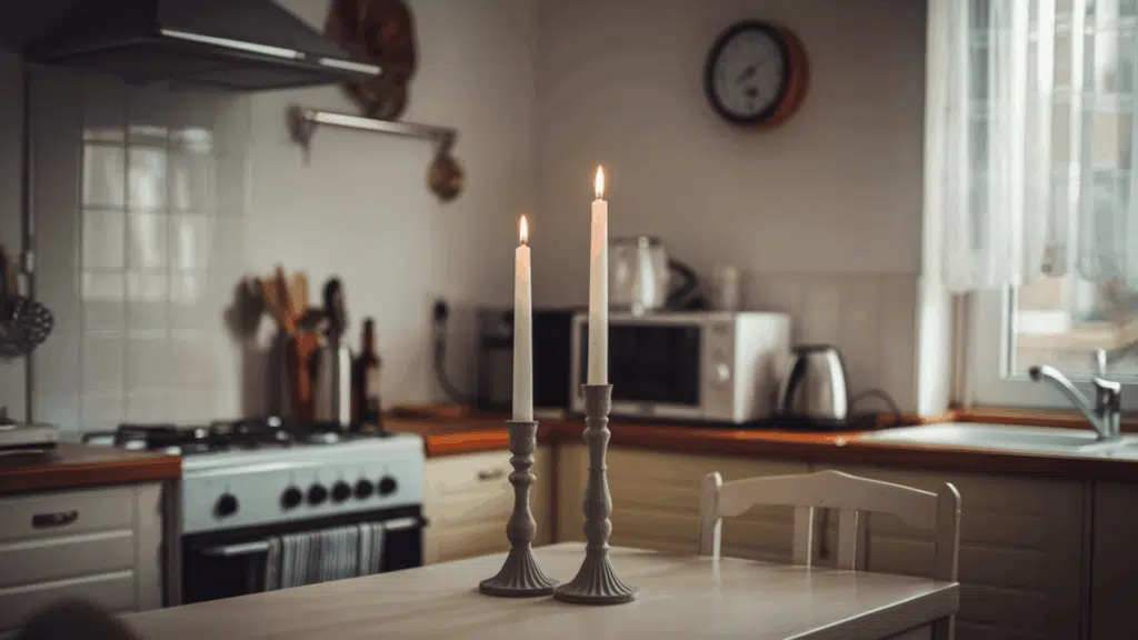 a pair of tall white taper candles in simple candle holders placed on a kitchen table creating a warm and cozy glow