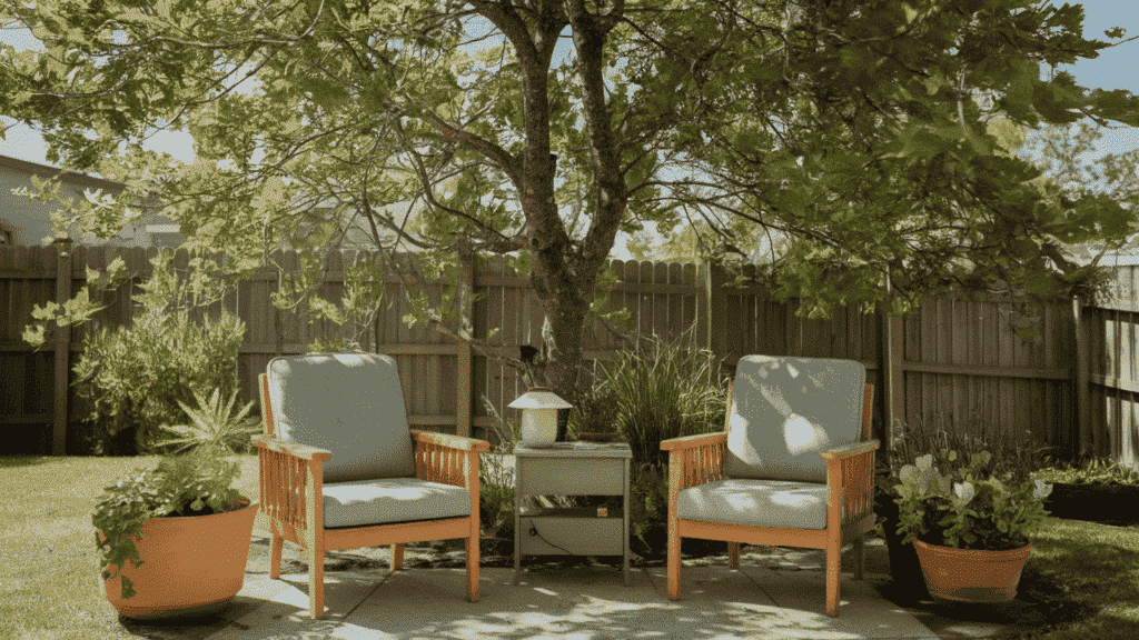 a peaceful backyard reading corner with two outdoor chairs a small side table and potted plants tucked under a shady green tree