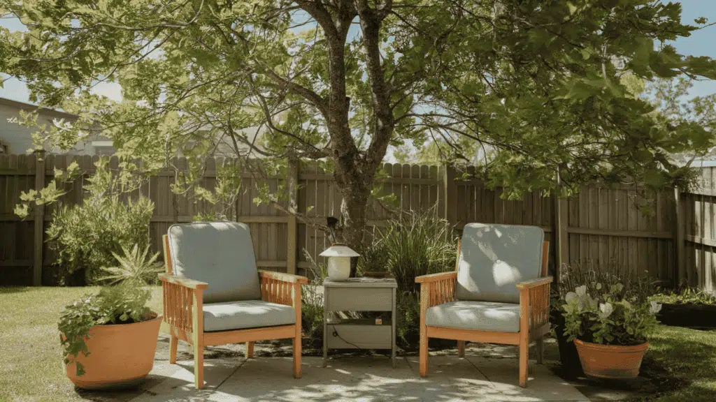 a peaceful backyard reading corner with two outdoor chairs a small side table and potted plants tucked under a shady green tree