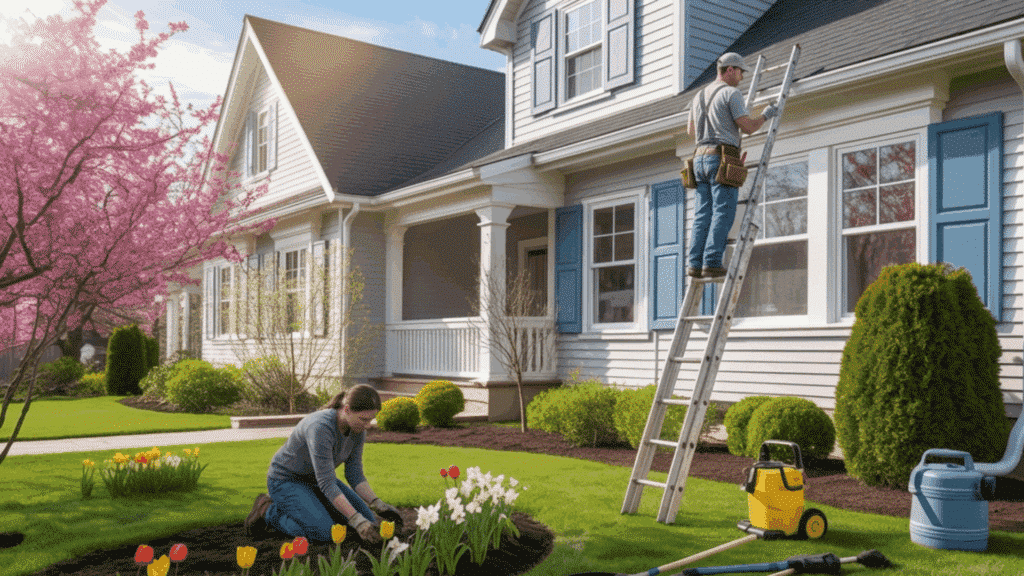 a person cleaning gutters and gardening during spring home maintenance outside a suburban house