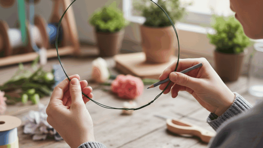 a person is bending green wire into a circular shape with a pencil to create a wreath form, surrounded by floral supplies and plants