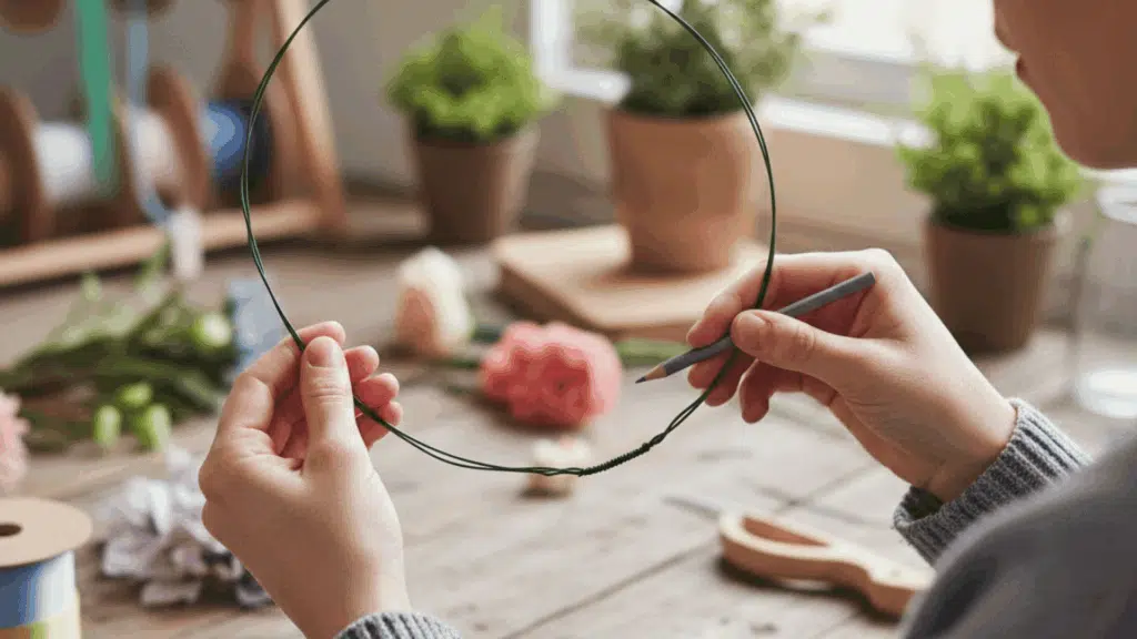 a person is bending green wire into a circular shape with a pencil to create a wreath form, surrounded by floral supplies and plants