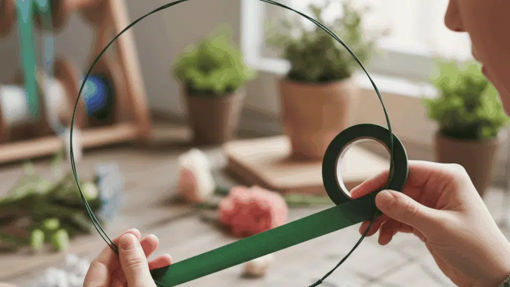 a person is wrapping green floral tape around a wire wreath frame with artificial flowers and ribbon spools in the background