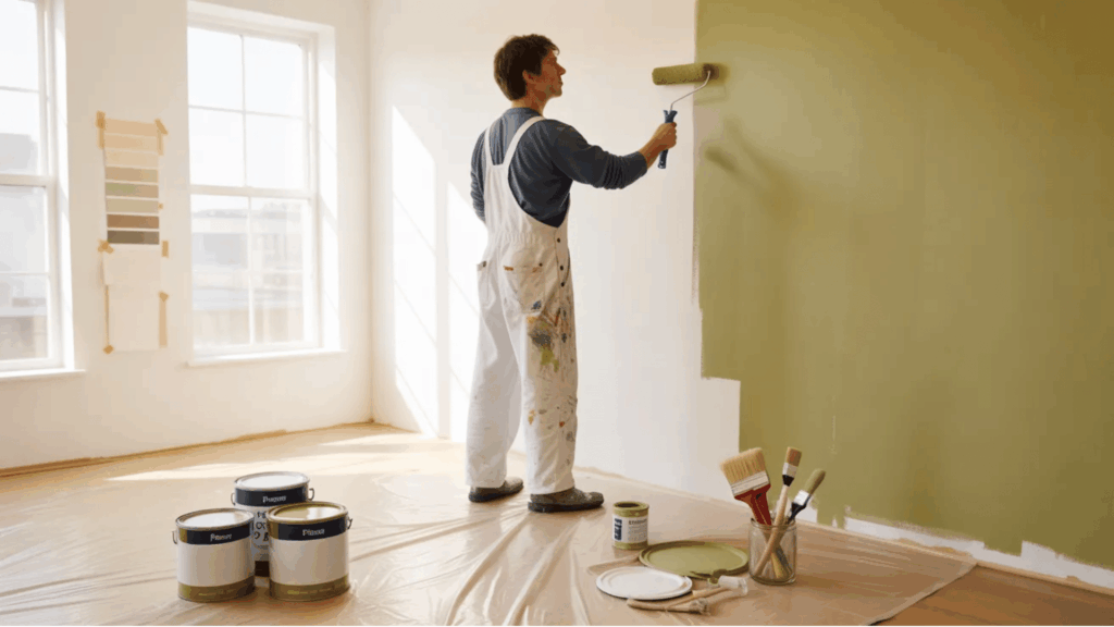 a person painting a wall with green paint, paint cans, brushes, and swatches