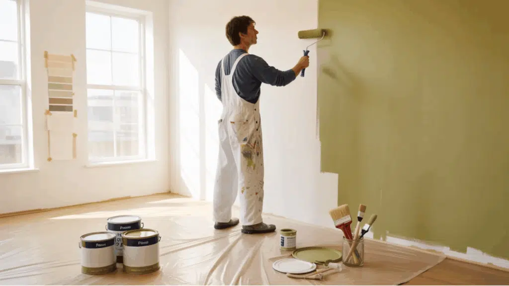 a person painting a wall with green paint, paint cans, brushes, and swatches