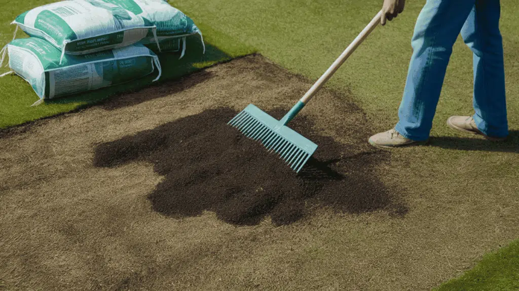 a person spreading dark garden soil over a bare patchy lawn area with a rake and bags of garden soil visible on the ground nearby