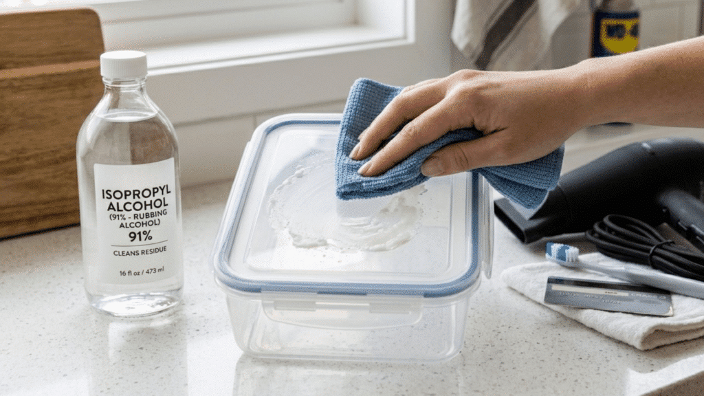 a person using a blue microfiber cloth and isopropyl alcohol to wipe sticker residue off a plastic container lid