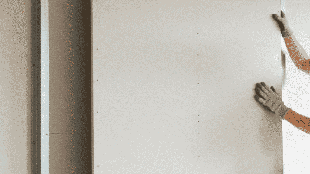 a person wearing gloves is holding and installing a drywall sheet, with a metal frame in the background, in a room under construction