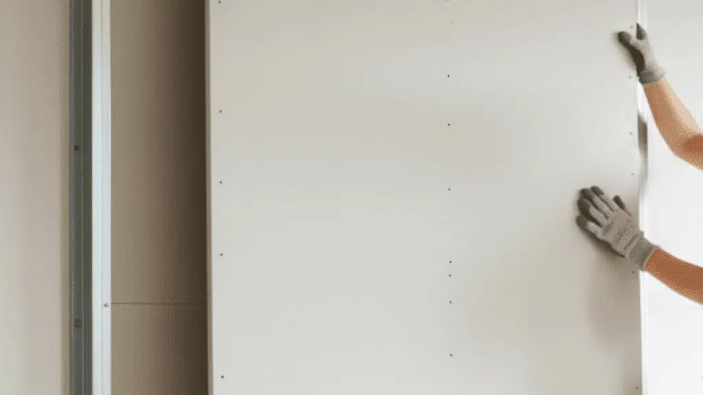 a person wearing gloves is holding and installing a drywall sheet, with a metal frame in the background, in a room under construction