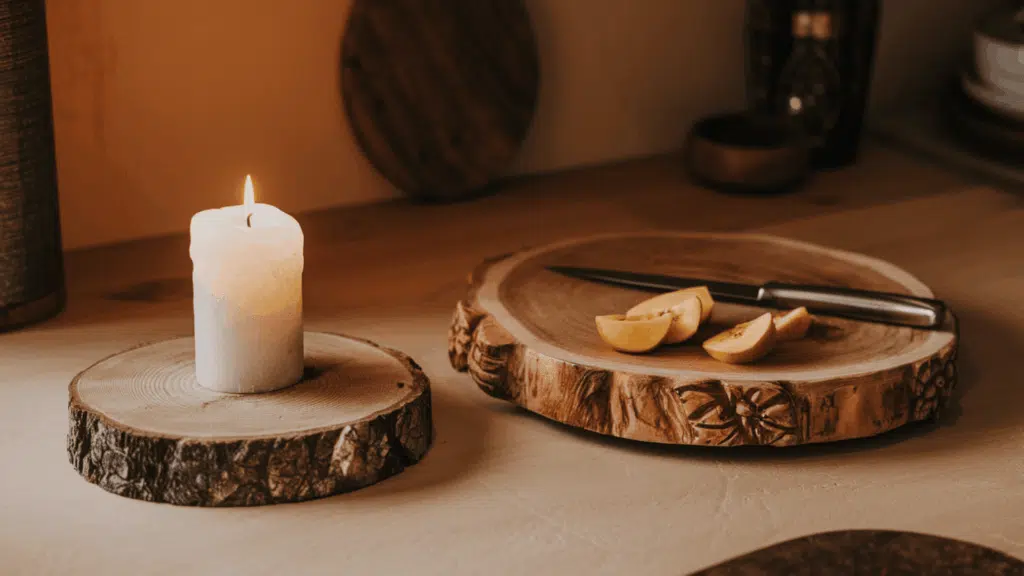 a raw wood slice holding candles and a carved serving board arranged as rustic wood decor on a warm kitchen table surface