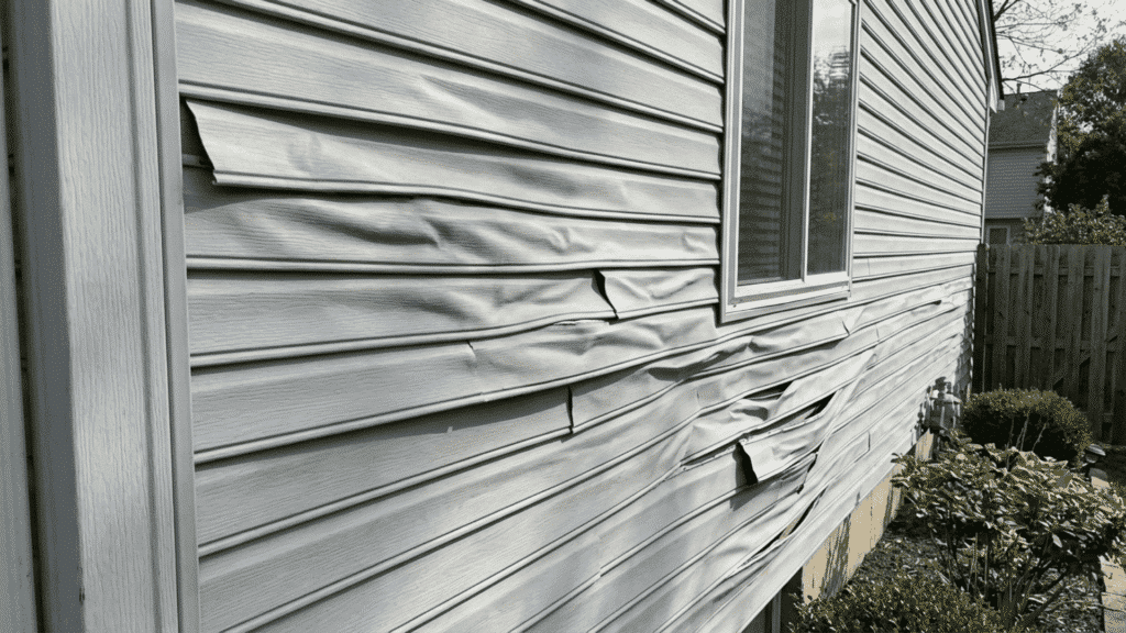 a residential home exterior showing warped and buckled vinyl siding panels pulling away from the wall due to heat exposure