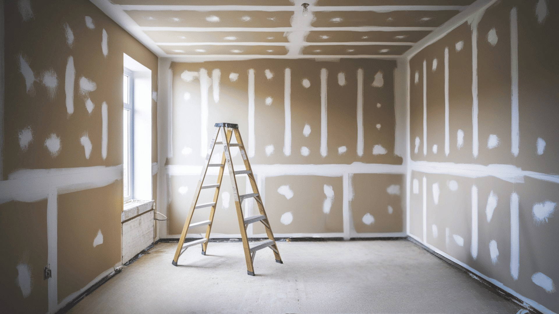 a room with beige drywall showing mudded seams, with a ladder as the drywall installation progresses