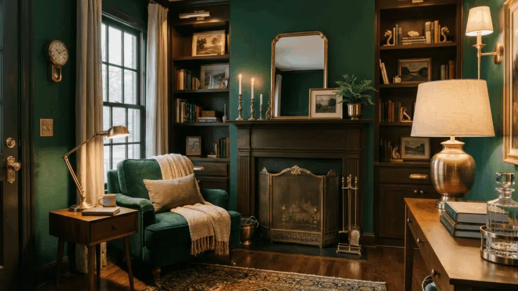 a room with brass fixtures and deep green walls, warm and balanced look